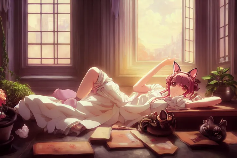 Image similar to baroque oil painting of anime key visual concept art of anime maid with cat ears lying down on sofa, soft lighting, new york apartment, potted plants, big window, trending on artstation, brush strokes, oil on canvas, style of makoto shinkai and greg rutkowski and studio ghibli