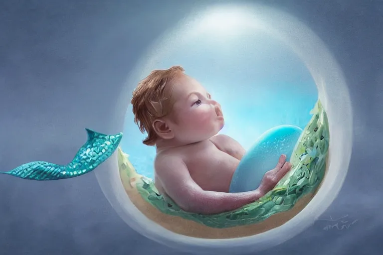 Prompt: a baby mermaid emerging out of an egg, matte painting, concept art, digital art, trending on artstation, 4 k, extremely detailed, realistic, fantasy art, anne geddes