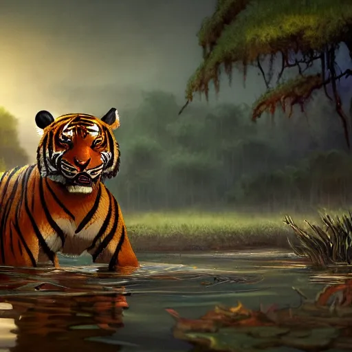 Prompt: anthro tiger bandit standing in swamp water gazing at the sunset, fantasy, studio ghibli, dungeons & dragons, wide shot, dramatic lighting, dynamic, ultra realistic, ultra detailed, colorful, 8 k, thin line work, trending on artstation