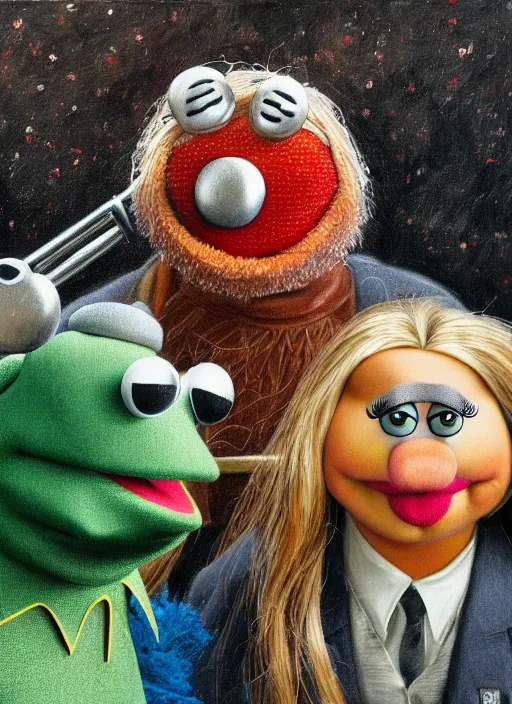 Image similar to a beautiful detailed, realistic painting in the style of bosch of the muppets, f 8, 4 k hd wallpaper