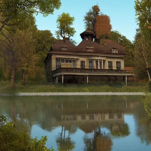 Image similar to old mansion in the woods beside a lake, artstation