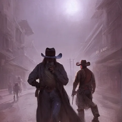 Image similar to portrait of a man with a long duster, grey hair and a cowboy hat walking in an old west town, harsh good looking face, middle aged, drawn by Ruan Jia, disco elysium style, fantasy art, dramatic lighting, digital art, 8k, highly detailed