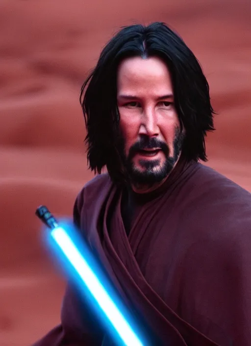 Image similar to close - up keanu reeves as a jedi, a red sand desert, moody lighting, 8 k, shallow depth of field, intricate detail,