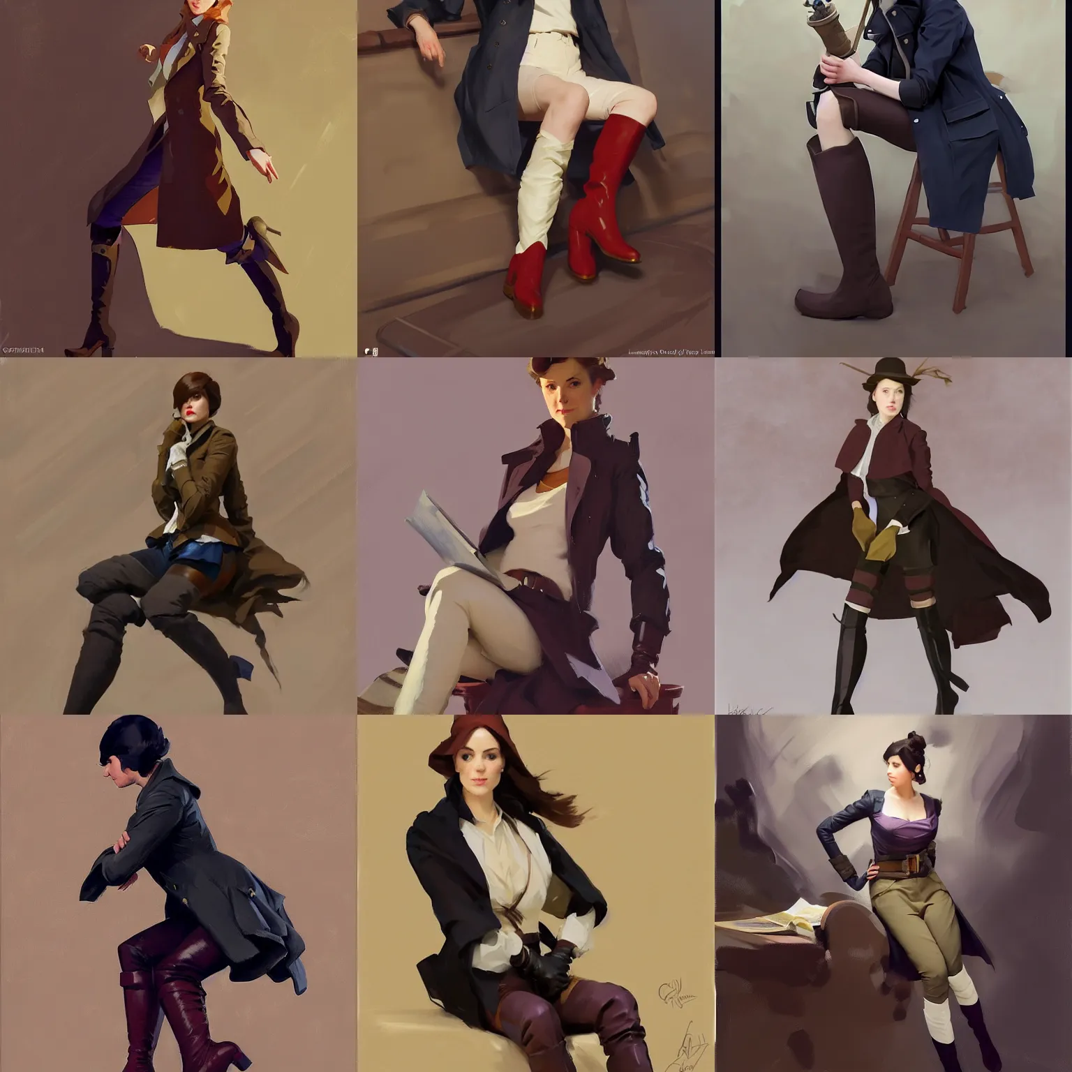 Image similar to cloth fabric jodhpurs knee high boots travel coat fashion, portrait in sitting pose, greg manchess painting by sargent and leyendecker, studio ghibli, fantasy, asymmetrical, intricate, elegant, matte painting, illustration, hearthstone, by greg rutkowski, by greg tocchini, by james gilleard, by joe fenton