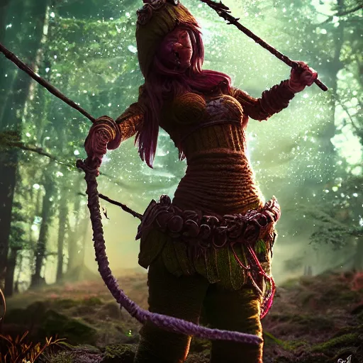 Prompt: knit female earth mage, high quality character design, action pose : : spotlight, magicpunk, biopunk, forestpunk, forest, mushrooms, high detail, 8 k, oled, shadows, reflections, digital art, official art, octane render, dynamic camera angle, dollpunk