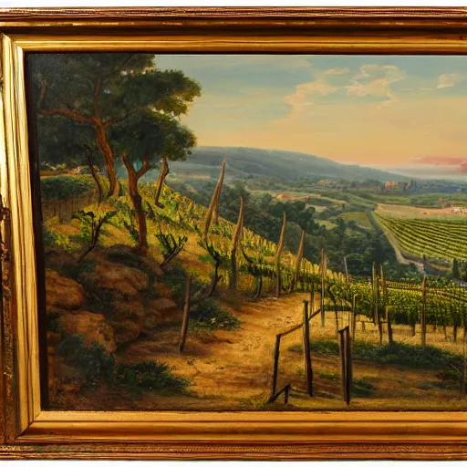 Prompt: highly detailed painting of a cliff side, at the bottom is a vineyard, in the distance you can see an ancient army with flags on the move, thick brush strokes, visible paint layers.