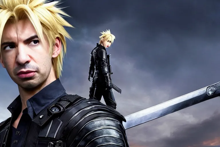 Image similar to live action film still of nathan fielder playing cloud strife in the new sci - fi movie