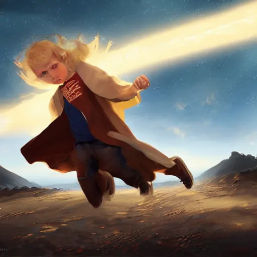 Image similar to blonde boy wearing a brown cape and flying in t pose, space background, energy beam, brush strokes, greg rutkowski