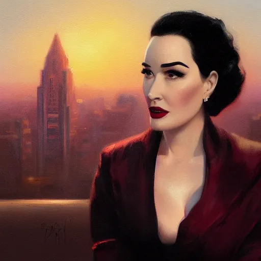 Prompt: closeup portrait of dita von teese, dramatic lighting, city background, sunset, chiaroscuro, complementary contrast high detail, painted by greg rutkowski, painted by igor kieryluk, painted by bobby chiu, trending on artstation