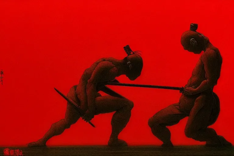 Image similar to only with red, a red samurai do seppuku, tokio, a lot of frogs watch, in the style of beksinski, parts by edward hopper, parts by rodcenko, parts by yue minjun, intricate and epic composition, red by caravaggio, insanely quality, highly detailed, masterpiece, red light, artstation, 4 k