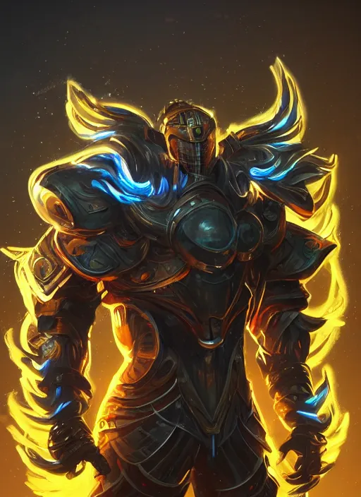 Image similar to a highly detailed illustration of futuristic cyber knight with flaming plume, glowing line cracks in armor, dramatic standing pose, intricate, elegant, highly detailed, centered, digital painting, artstation, concept art, smooth, sharp focus, league of legends concept art, WLOP