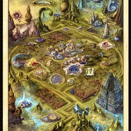 Prompt: an isometric fantasy map by brian froud