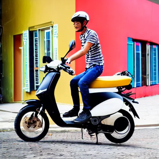 Prompt: delivery driver on moped delivering packages, bright color, bubbly, artistic rendering, cartoon, no blur, white background