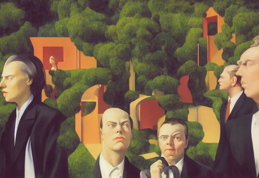 Image similar to three of people pictured in afternoon light, background of surreal architecture with an open ceiling, trees and absurd objects : : close - up of the faces, surrealist oil painting by edward hopper, dora maar and rene magritte