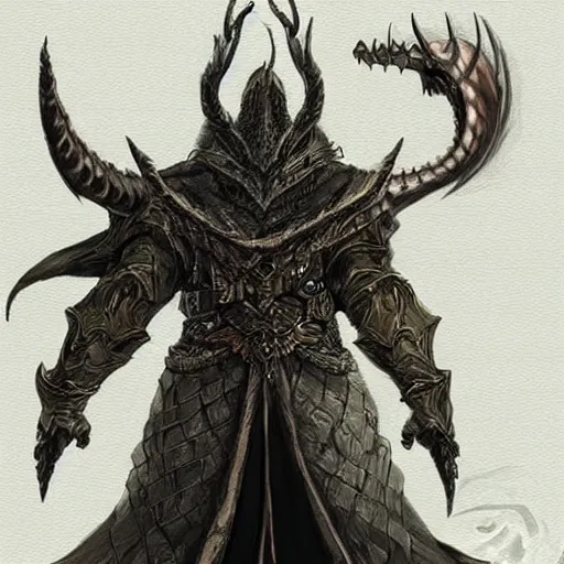 Image similar to Detailed concept art of a wizard with dragon head as a dark souls boss; fantasy