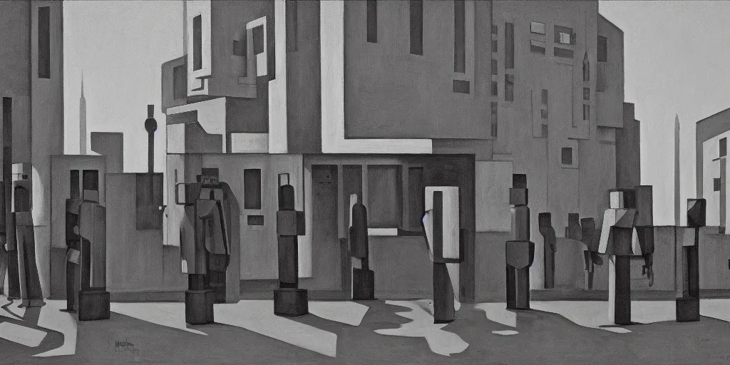 Image similar to red robots queue up in a stark grayscale brutalist town, street elevation, grant wood, pj crook, edward hopper, oil on canvas