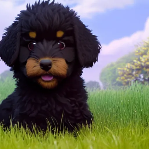 Image similar to a wholesome animation key shot of a black bernedoodle puppy, studio ghibli, sharp, rendered in unreal engine 5, anime key art by greg rutkowski, bloom, dramatic lighting