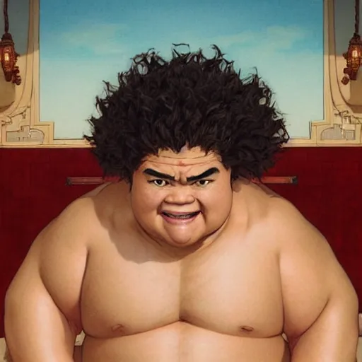 Image similar to gaten matarazzo as e. honda the sumo wrestler from street fighter, smiling, ultra realistic, concept art, intricate details, eerie, highly detailed, photorealistic, octane render, 8 k, unreal engine. art by artgerm and greg rutkowski and magali villeneuve and alphonse mucha