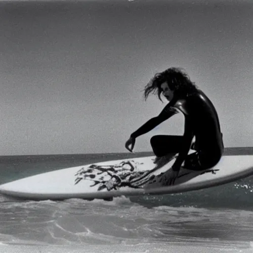 Image similar to 1980's photograph of a gothic surfer dude on a beach with a surfboard on his lap, photography