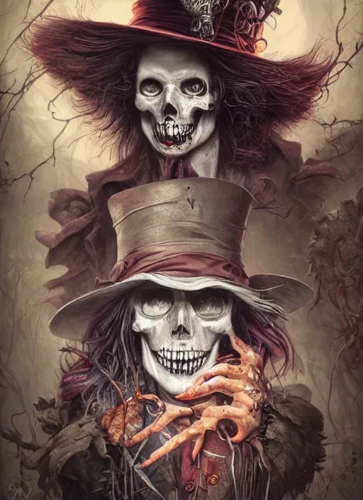 Image similar to Mad Hatter,Death Tarot card,highly detailed,half skull face,cinematic,8k,by Stanley Artgermm,Tom Bagshaw,Greg Rutkowski,Carne Griffiths, Ayami Kojima, Beksinski, Giger,Anne Stokes, Benjamin Lacombe,trending on DeviantArt,hyper detailed,horror, full of colour