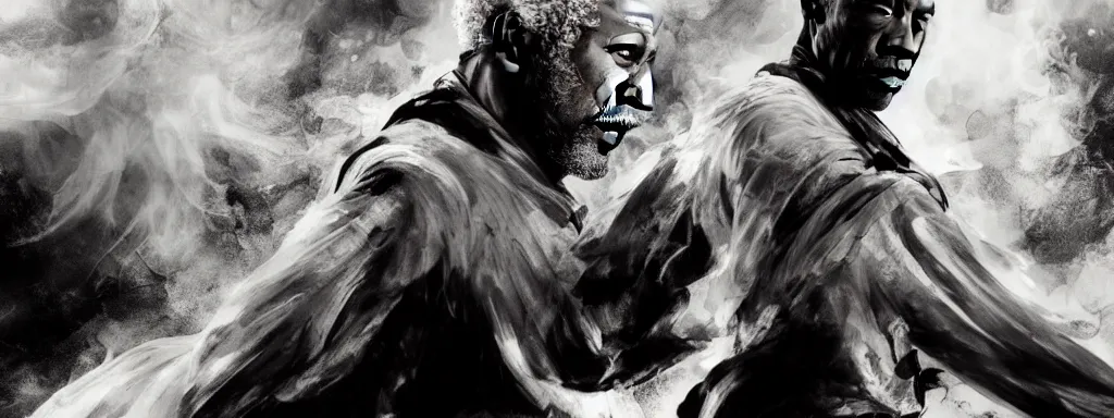 Image similar to Epic Concept art of morgan freeman in a one-piece white robe, the old man is alone, there are no other people, white hair and white beard, surrounded by black smoke, smoky, full body wuxia, Wudang Swordmanship by Chen Uen, art by Yoji Shinkawa, 4k