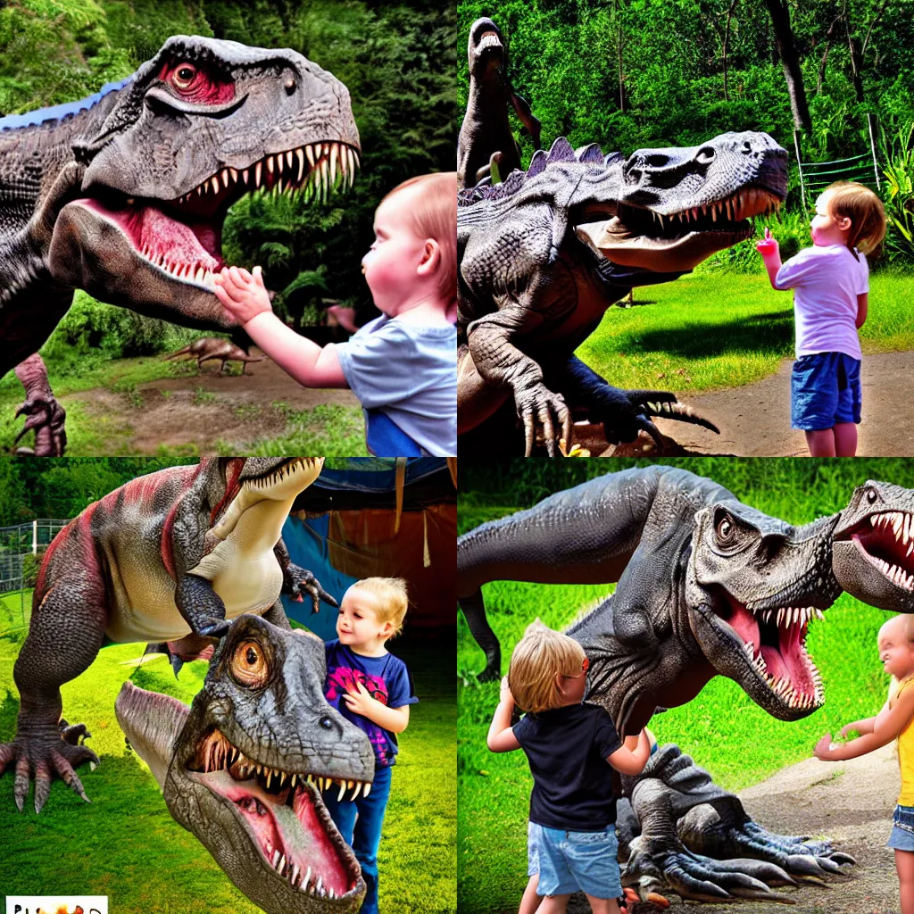 Prompt: child petting baby T-Rex at Jurassic Park petting zoo, vacation photo, 2012, detailed, HDR, 4k