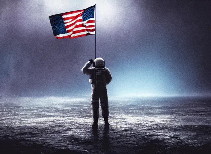 Image similar to astronaut holding a flag in an underwater desert. a submarine is visible in the distance. dark, concept art, cinematic, dramatic, atmospheric, 8 k, trending on artstation, blue, fish, low visibility, fog, ocean floor, christopher nolan, interstellar