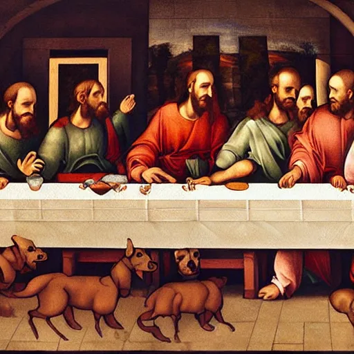 Image similar to painting of the last supper with dogs, mural by michelangelo