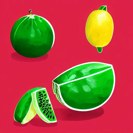 Image similar to retro, hd illustration of watermelons and lemons, mint leaves, inspired by watercolor masterpieces, trending on behance, 4 k