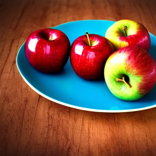 Image similar to a wide angle side view realistic photo of only 3 apples on a colorful plate, award winning