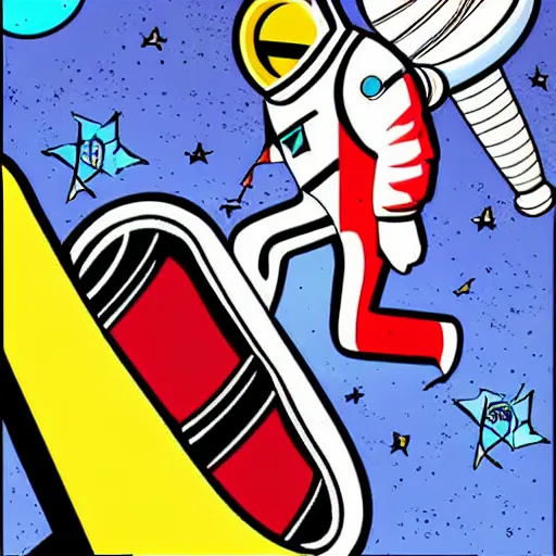 Image similar to pop art of an astronaut shooting himself out of a canon into space