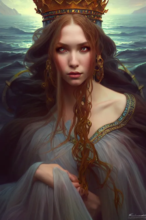 Image similar to photography alexey kurylev, sea queen, mysterious, deep focus, d & d, fantasy, complex, elegant, highly detailed, digital painting, artstation, concept art, matte, clear focus, illustration, hearthstone, artgerm art, greg rutkovsky and alphonse mucha