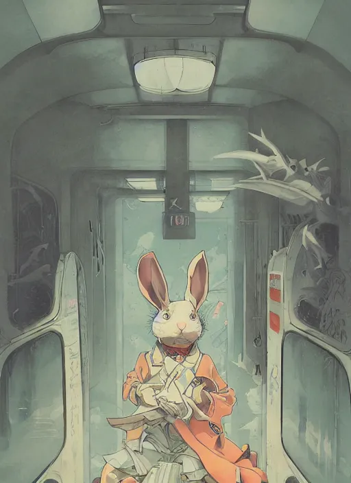 Prompt: a rabbit on a train in a japanese anime, by satoshi kon, by peter mohrbacher