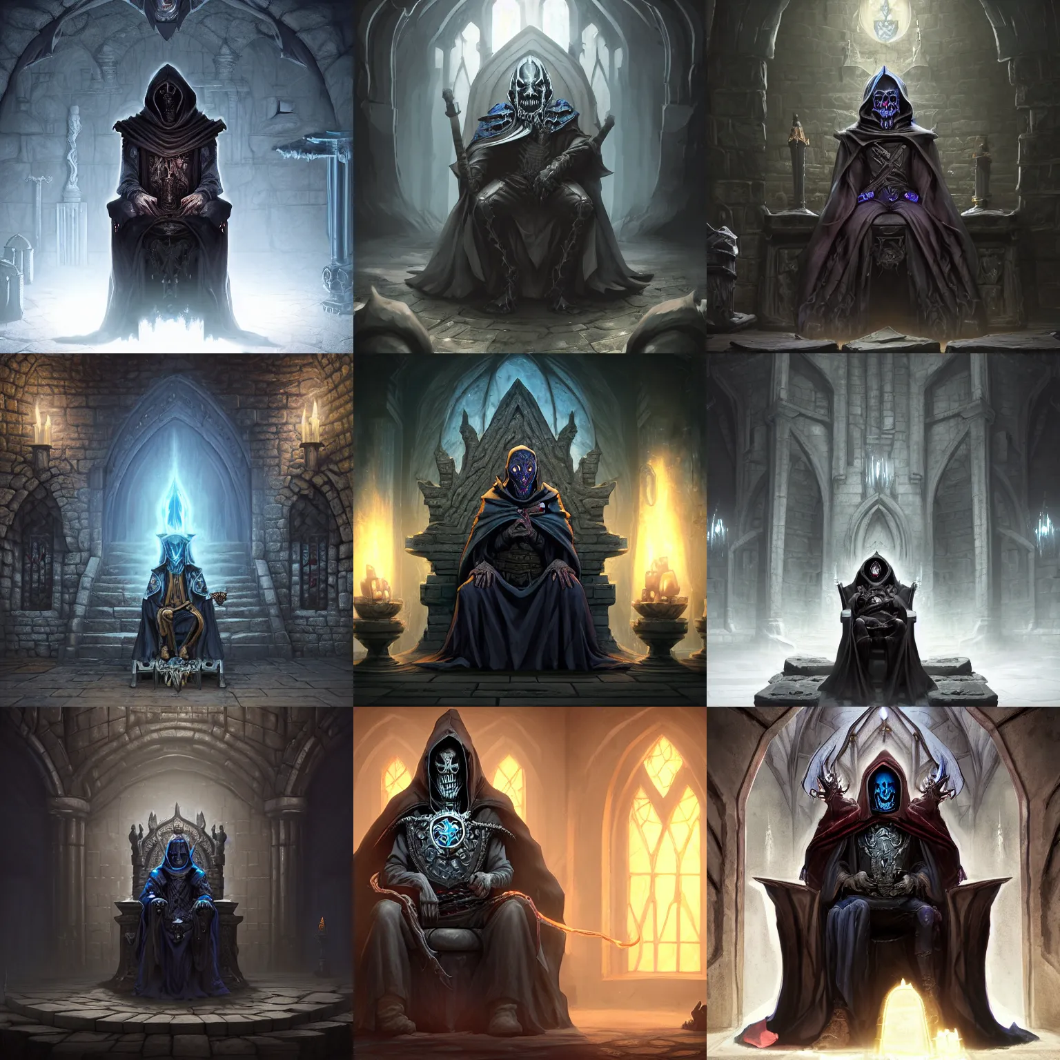 Prompt: lich wizard necromancer sitting on a throne inside dungeon crypt, wearing a dark hood and completely blank mask, gray stone wall behind him by Stanley Artgerm Lau, WLOP, Rossdraws, James Jean, Andrei Riabovitchev, Marc Simonetti, and Sakimichan, Unreal Engine