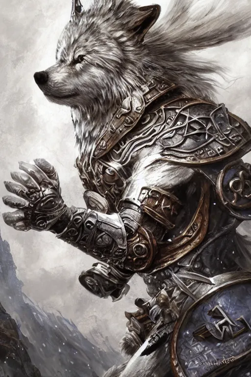 Image similar to Anthropomorphic Viking Silver Wolf, magic the gathering artwork, D&D, fantasy, cinematic lighting, centered, symmetrical, highly detailed, digital painting, artstation, concept art, smooth, sharp focus, illustration, volumetric lighting, epic Composition, 8k, art by Akihiko Yoshida and Greg Rutkowski and Craig Mullins, heroic pose, oil painting, cgsociety