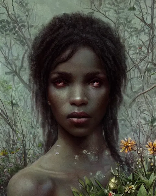 Prompt: a beautiful but creepy young black woman in layers of fear, with haunted eyes, violence in her eyes, wearing a punk outfit, 1 9 7 0 s, seventies, delicate embellishments, a little blood, woodland, moonlight shining on wildflowers, painterly, offset printing technique, by alexandre cabanel