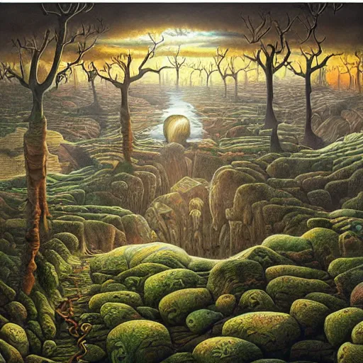 Image similar to a painting of a landscape, a surrealist painting by jacek yerka, cgsociety, fantastic realism, surrealist, detailed painting