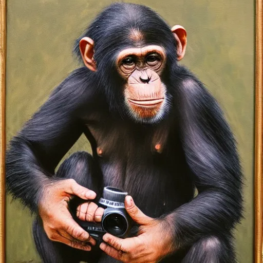 Image similar to Portrait of a Chimpanzee holding a camera in his hands, oil painting