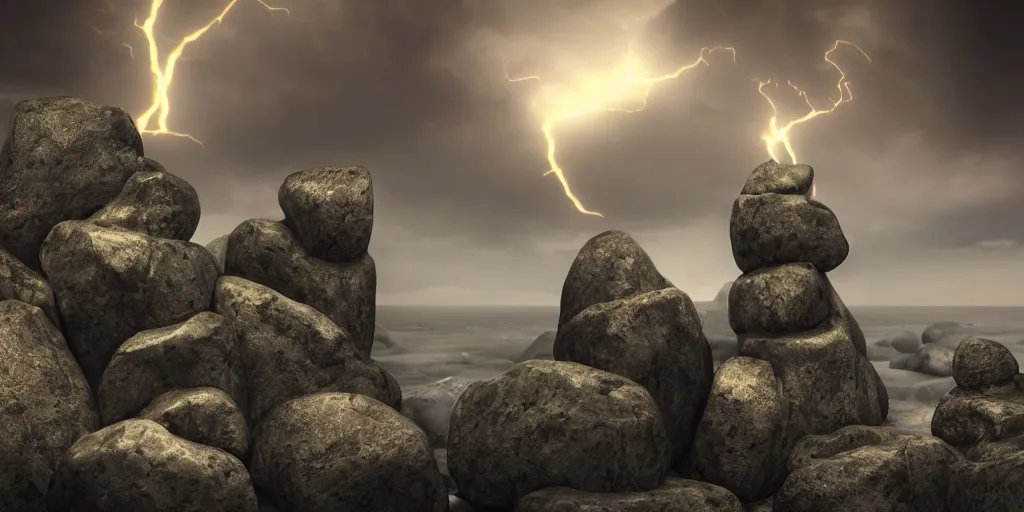 Image similar to photorealistic strange dark monks perform a ritual. magical symbols float above them. epic landscape with magically floating rocks, with ominous storm clouds, strange levitating stones, stones falling from the sky, a gentle rising mist. occult photorealism, uhd, amazing depth, glowing, golden ratio, 3 d octane cycle unreal engine 5, volumetric lighting, cinematic lighting, alphonse mucha