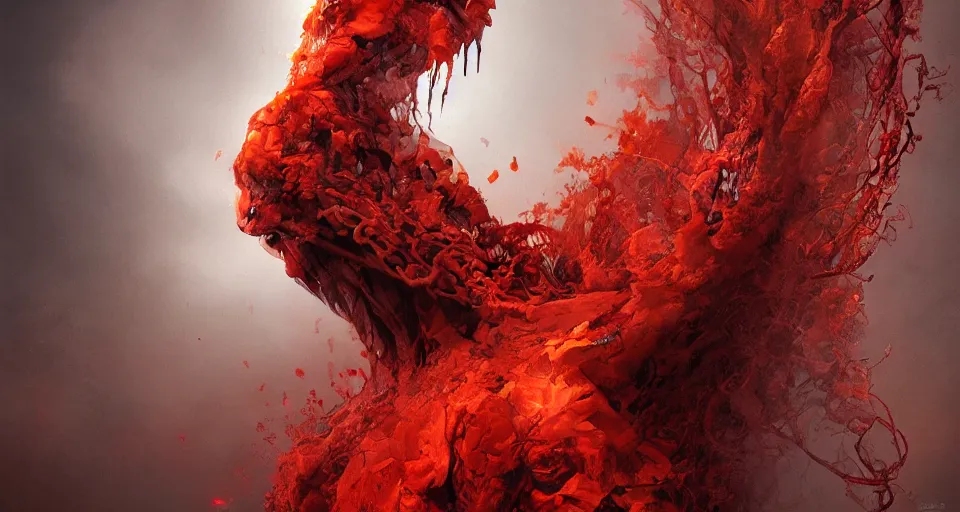 Image similar to a volcano made of ivory vines and crimson rocks enters in eruption, it spits a smoke in the shape of demonic eye, by ryohei hase