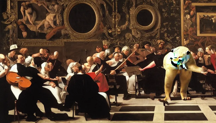 Image similar to a painting of a polar bear directing orchestra at the theatre by Caravaggio, elegant