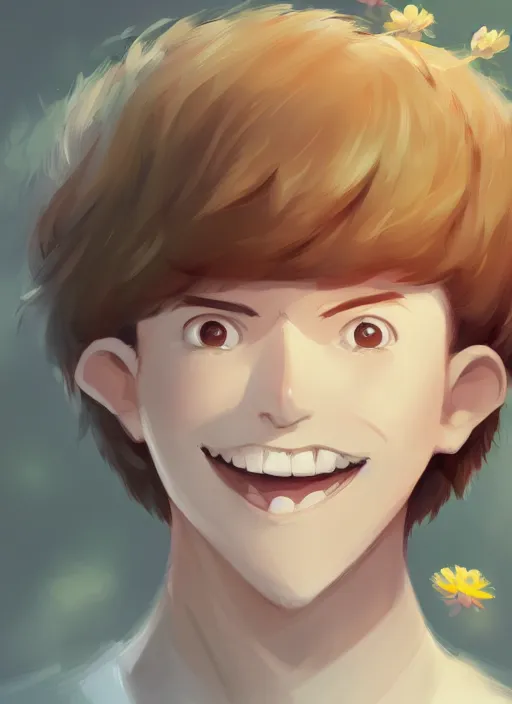 Image similar to a white young man with a big smile, prominent big eyes, wise forehead, big lips, round portruding chin, background full of brown flowers, standout colours, thin sharp lines, digital painting, artstation, matte, sharp focus, illustration, realistic anime moe artstyle