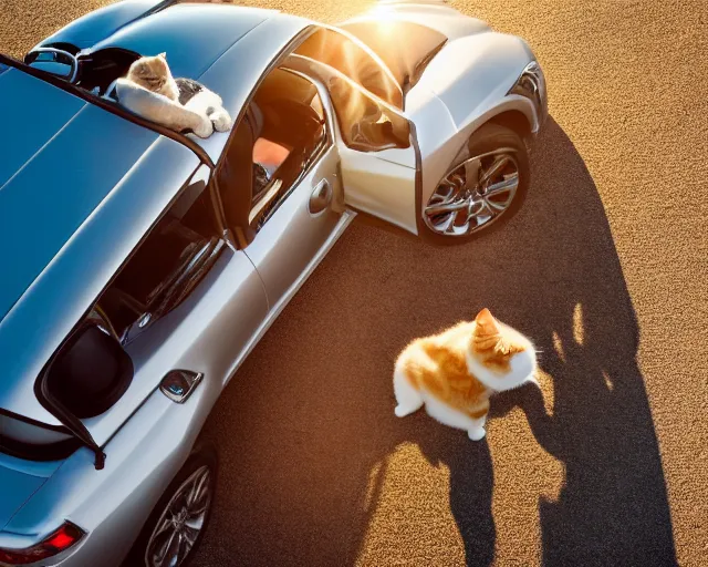 Prompt: top view of cabriolet with open roof, cat sitting in driver seat with paws resting on steering wheel, golden hour