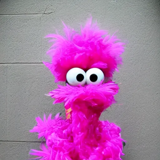 Prompt: hot pink feather boa muppet in bubble bath