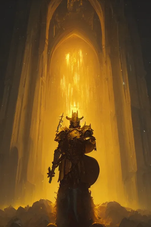 Prompt: A closeup of a yellow holy knight by Greg Rutkowski, Dan Mumford, Christophe Vacher, 4k photorealistic, volumetric lighting, HD, high details, dramatic, trending on artstation
