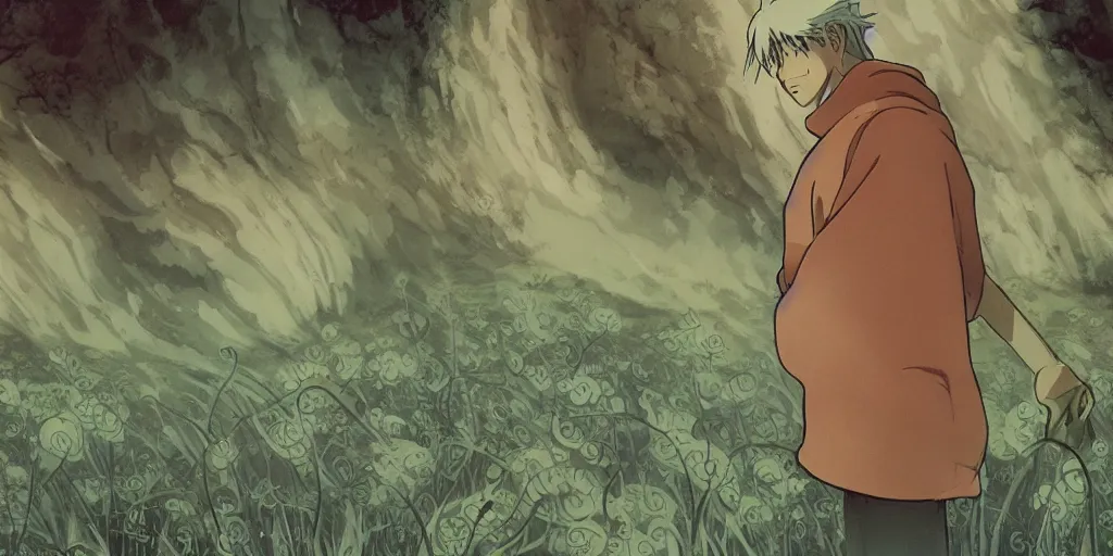 Image similar to jinko showing a new mushi, mushishi by studio ghibli walppaper splash art promo art