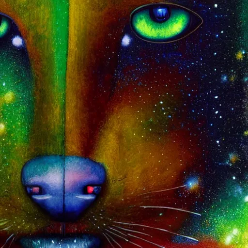 Image similar to psychedelic amber eyes cat eyes lush pine forest, outer space, milky way, designed by arnold bocklin, jules bastien - lepage, tarsila do amaral, wayne barlowe and gustave baumann, cheval michael, trending on artstation, star, sharp focus, colorful refracted sparkles and lines, soft light, 8 k 4 k