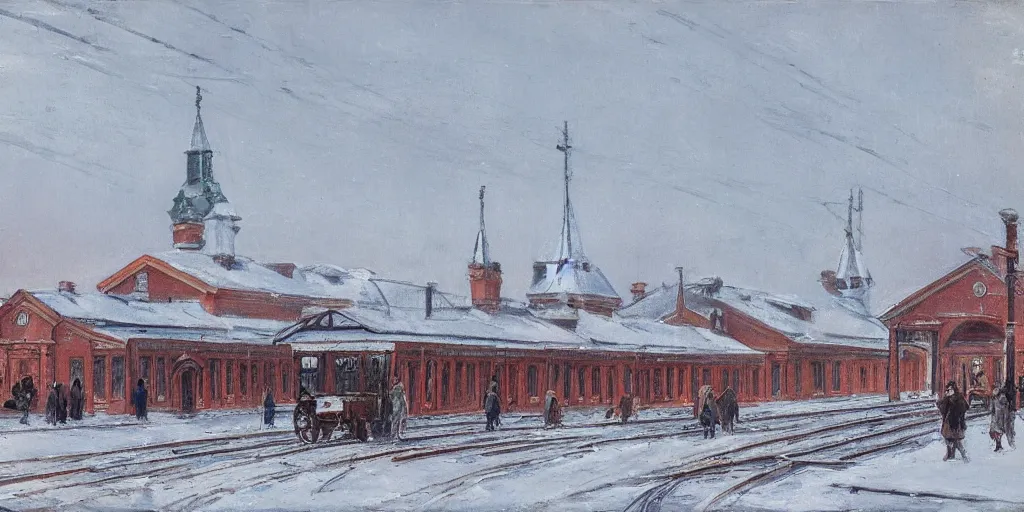 Image similar to Train Depot in Saint Petersburg in 1914 in winter, morning, trending on Artstation