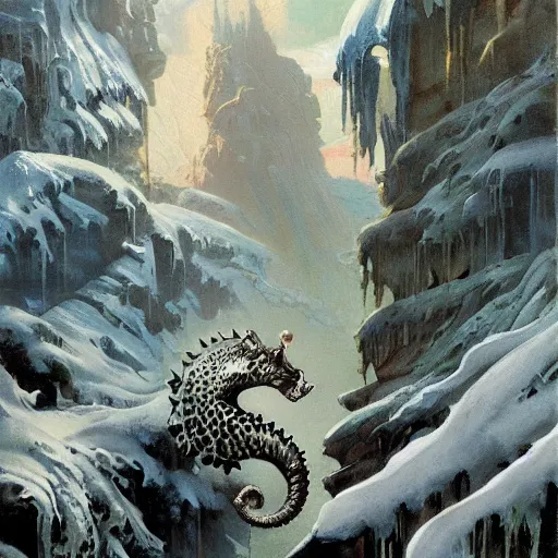 Image similar to a beautiful painting by frazetta, trending on artstation, artstation A beautiful matte painting about a seahorse made out of ferns and fractal patterns, covered in snow leopard, cyberpunk fabric, still life