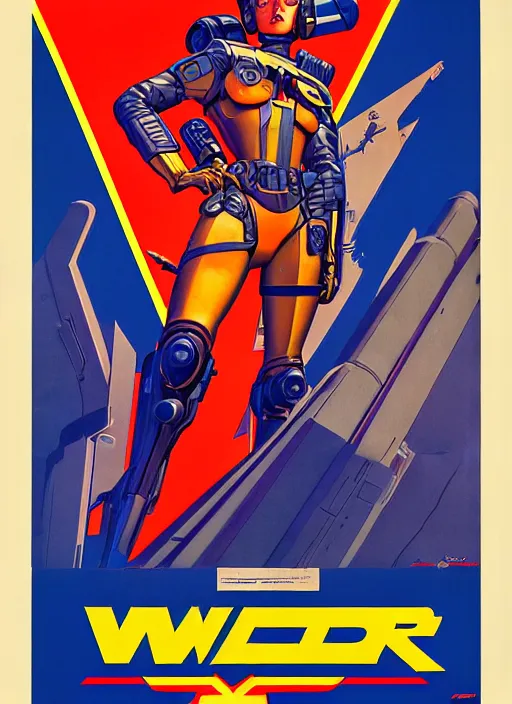 Image similar to american propaganda poster art. powerful cyberpunk pilot. portrait by jean giraud and anton otto fischer and john philip falter and will eisner and gil elvgren and pixar. full body. realistic proportions. science fiction d & d. overwatch, rb 6 s, cyberpunk 2 0 7 7, blade runner 2 0 4 9 concept art. cel shading. thick lines.